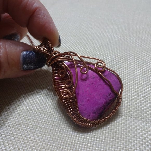 Unique "PINK DENDRITE OPAL" Handmade COPPER WIRE-WRAPPED Pendant/Chain #473B - Picture 3 of 3